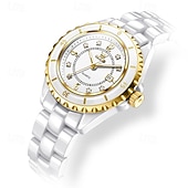 billiga Kvartsklockor-Den nya Olevs mors dags present för damens mode och högklassig klocka med lysande visare och digital visning vit keramik koreansk version student kvartsur avslappnad vattentålig armbandsur