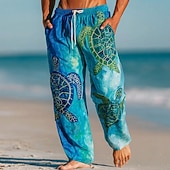 cheap Men's Printed Casual Pants-Men's Turtles Sea Creatures Trousers Casual Pants Baggy Pants Mid Waist Hawaiian Outdoor Vacation Beach Wear Elastic Drawstring Waist Linen-Like Pants with Pockets Summer Spring 3D Print Blue Sky