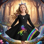  Flickor 3D Grafisk Regnbåge Enhörnings Klänning Långärmad 3D-tryck Vår Höst Prestanda Semester Fest Ledigt Prinsessa Skön Barn 4-12 år Vardagsklänning A linjeklänning Knälång Normal