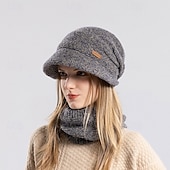 abordables chauffage et refroidissement-Ensemble bonnet et cache-cou en maille pour femme, bonnet thermique doublé polaire avec visière et protection des oreilles, ensemble bonnet et écharpe chauds en maille pour les voyages de ski et