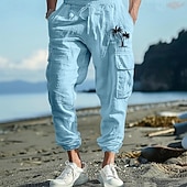 baratos Feriado-Homens Corredores Calças de linho Calças Calça verão Calças de praia Com Cordão Cintura elástica Bolso com aba Côr Sólida Conforto Respirável Diário Ao ar livre Praia Férias Moda Preto Branco