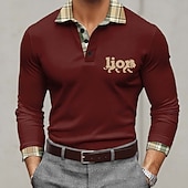 billiga Klassisk pikétröja för män-Herr Lejon Polo Långärmad Polotröjor Kavajslag Business Casual Utomhus Gata Fritids- Dagliga kläder 3D-utskrift Knappar Vår Höst Blå Rubinrött Purpur