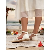 ieftine Femei-Sandale plate de damă, tip espadrilă, din dantelă albă – pantofi boho pentru domnișoare de onoare pentru nunți pe plajă, design confortabil croșetat, cu vârful închis, pentru ceremonii în aer liber