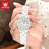 billiga Kvartsklockor-Den nya Olevs mors dags present för damens mode och högklassig klocka med lysande visare och digital visning vit keramik koreansk version student kvartsur avslappnad vattentålig armbandsur