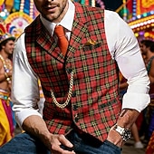 baratos Colete Masculino-Homens Colete Gilet Férias Carnaval Festa Moda Roupa de rua Primavera Outono Botões Polyester Respirabilidade Xadrez Não Trespassado Decote V Moderno Vermelho Colete