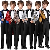 olcso Gyűrűvivő öltönyök és ruhák-3 részes gyűrűhordozó öltöny fiú gyerek öltöny blézer &amp;nadrág &amp;nyakkendő fiú hivatalos öltöny hétköznapi kültéri party divat menő alapvető egyszínű kék ezüst fekete poliészter