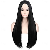 baratos Perucas Sintéticas sem Touca-Peruca de Fantasia para Mulheres Cabelo Preto Longo e Liso Perucas Naturais para Cosplay Halloween