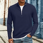 billige Vaffelstrikket T-skjorte-Herre Vaffel T-skjorte T skjorte Kvart glidelås-t-skjorte Langermet Høy krage Høst Vinter Vår &amp; Vinter Helfarge Med Tekstur Strikketøy Daglig Fritid Ta igjen glidelåsen Varm Avslappet Daglig utendørs