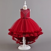 voordelige Bloemenmeisjes Jurken-Bloemenmeisjesjurk, communiejurk, formele jurk voor meisjes, trouwkleding, feestkleding, formele mode voor bruiloften, schattige patchwork, mesh, effen kleur, mouwloos, ronde hals, geel, roze, 4 jaar