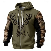 cheap Hunting Hoodies-Men Zip Up Hoodie Deer Head Line Art Graphic Camouflage Sleeves Tactical Hunting Sweatshirt Army Green Outdoor Jacket Clothing Apparel S M L XL XXL XXXL