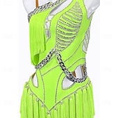cheap Competition Dress-Women's Neon Green Rhinestone Fringe Latin Dance Dress - One Shoulder Cutout Asymmetrical Ballroom Performance Costume