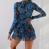 رخيصةأون مايوهات تانكيني-نسائي ملابس السباحة قطعة واحدة مايوه تنورة ملابس السباحة سحاب العطلة ملابس الشاطئ الرسم أوراق رقبة عالية كم طويل بدلة سباحة