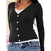 baratos Camiseta lisa-Mulheres Blusa Renda Patchwork Botões Côr Sólida Elegante à moda Casual Manga Longa Decote V Tops regulares Diário Preto Rosa Vermelho Marron Verde Primavera Outono Inverno