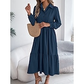 cheap Plain Dress-Women's Midi Dress A Line Dress Casual Daily Regular Fit Plain Long Sleeve Lapel Blue Navy Wine Green Spring