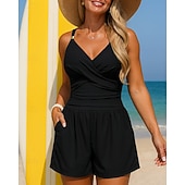 Недорогие Рашгард One Pieces-Жен. Купальный костюм Один Пис Купальник с высокой талией и сборками Однотонный Эластичный Без рукавов Купальники Серфинг Для погружения с трубкой Плавание Лето