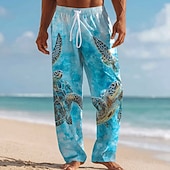 cheap Men's Printed Casual Pants-Men's Turtles Sea Creatures Trousers Casual Pants Baggy Pants Mid Waist Hawaiian Outdoor Vacation Beach Wear Elastic Drawstring Waist Linen-Like Pants with Pockets Summer Spring 3D Print Blue Sky