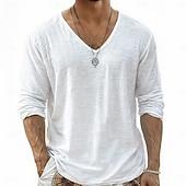 Недорогие Хлопковые Льняные Футболки-Муж. Футболка Футболка из льна Длинный рукав V-образный вырез Лето Весна Весна лето Сплошной цвет Полотняное плетение Повседневные На каждый день Уличный стиль Гладкая ткань