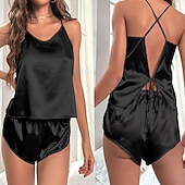 cheap Women's Sleep Tops &amp; Bottoms-Women's Loungewear Pajama Set Fashion Casual Soft Pure Color Patchwork Backless Shorts Home Vacation Sleeveless V Neck Black White Champagne Light Green Pink Summer Spring Fall Regular Fit