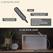 baratos Luzes de leitura-Luz de leitura recarregável, ideal para leitura na cama, equipada com 20 LEDs e função de memória, 3 temperaturas de cor, 5 níveis de brilho, haste flexível, leve e com clipe.