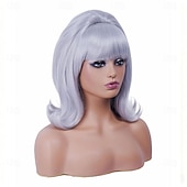 cheap Historical Wigs-Vintage Short Wavy White Silver Wig with Bang Retro Bouffant Beehive Wigs fits 80s Costume or Halloween Party