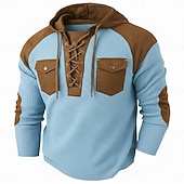 preiswerte T-Shirt mit Waffelstrick-Herren Waffel T-Shirt T Shirt Waffel-Henley-Hemd Herrenhemden mit Ellbogenflicken Langarm Mit Kapuze Schnürhals Herbst Winter Frühling &amp; Herbst Einfarbig Traditionell / Vintage Lässig Kordelzug