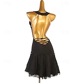 levne soutěžní šaty-Elegantní černé šaty s třásněmi na latinskoamerické tance pro ženy - kostým s výstřihem do V a bez rukávů na společenský sál, salsu a tango