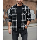 cheap Men's Shirt Jacket-Men's Shirt Flannel Shirt Plaid Shirt Button Up Shirt Overshirt Plaid / Check Outdoor Daily Wear Blue Black Red Gray Long Sleeve Lapel Spring &amp;  Fall Clothing Apparel