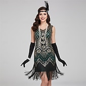cheap 1920s Dresses-Set Roaring 20s 1920s Flapper Dress Cocktail Dress with Accessories The Great Gatsby Flapper Girl Sequins Tassel Fringe Tassel Fringe Sequins Fancy Dress Women's Fancy Dress New Year speakeasy Retro
