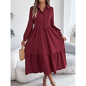 cheap Plain Dress-Women's Midi Dress A Line Dress Casual Daily Regular Fit Plain Long Sleeve Lapel Blue Navy Wine Green Spring