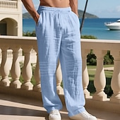 cheap Holiday-Men's Linen Pants Trousers Summer Pants Baggy Pants Beach Pants Drawstring Elastic Waist Solid Color Comfort Breathable Daily Outdoor Beach Vacation Fashion Light Khaki Black Inelastic