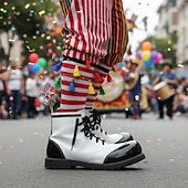 economico Scarpe da uomo-Scarpe da clown colorate da uomo da Mardi Gras gialle e rosse con design a fiamma perfette per carnevale performance di clown e feste in costume