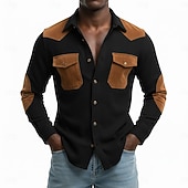 abordables Men's Casual Shirts-Men's Shirt Waffle Shirt Casual Shirt Vintage Shirt Button Up Shirt Cargo Shirt Black khaki Long Sleeve Color Block Lapel Casual Daily Patchwork Clothing Apparel Fashion Casual Vintage Retro