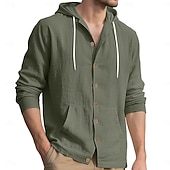 cheap Classic-Men's Shirt Linen Shirt Summer Shirt Beach Wear Hooded Shirt Solid Color Vacation Street Black White Yellow Navy Blue Long Sleeve Shirt Collar Summer Spring Clothing Apparel Pocket