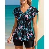 billige Surfing Tankinis og Bikinier-Dame Badedrakt 2 deler Badedrakter Blomstret V-hals Utsvingt erme UV Beskyttelse Elastisk Kortermet Badetøy Surfing Strand Svømming Sommer