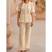 رخيصةأون ملابس علوية للشاطئ-نسائي ملابس السباحة تغطية الجسم 2 قطعة ملابس السباحة مقصوص محبوك العطلة ملابس الشاطئ لون الصلبة رقبة دائرية كم قصير بدلة سباحة