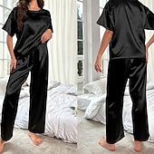 abordables Tops y pantalones de dormir para mujer-Mujer Ropa de salón Conjunto pijama Moda Casual Suave Color puro Retazos Pantalón Hogar Vacaciones Manga Corta Cuello Barco Azul Piscina Negro Vino Morado Caqui Verano Primavera Otoño Ajuste regular