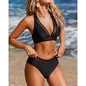 preiswerte Surfen Tankinis &amp; Bikinis-Damen Neckholder-Bikini-Oberteil 2 Teile Bikini mit hohem Bund Einfarbig Netz Elastisch Ärmellos Bademode Surfen Strand Urlaub Sommer