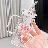 Недорогие Стаканы, чашки, бокалы-400 мл  14 унций стеклянная кружка с трубочкой и ручкой термостойкий прозрачный розовый дизайн с бантом многоразовая бутылка для воды для дома офиса поездок подарков ко Дню святого Валентина и