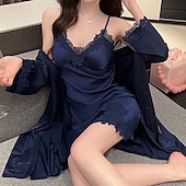 tanie Jednoczęściowe piżamy (kombinezony) damskie-Damskie Odzież domowa Koszula nocna Moda Seksowny Codzienny Czyste kolory Niejednolita całość Sukienka Dom Urlop Długi rękaw W serek Czarny Rumiany róż Wino Złoty Ciemnoniebieski Lato Wiosna Jesień