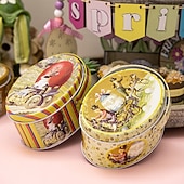 economico Pasqua-Confezione da 4 scatole ovali di latta a forma di coniglietto pasquale con manici, contenitori per conservare le uova di Pasqua, contenitori di metallo portatili per bambini, ideali per biscotti,