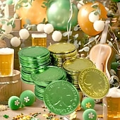 tanie Dzień Świętego Patryka-Złote monety na dzień św. Patryka - 100/200 sztuk złotych zielonych monet na szczęście, plastikowe monety koniczyna skrzat, moneta z 3-listną koniczyną do dekoracji i upominków na imprezę