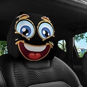 cheap Slipcovers-2pcs Cartoon Big-Eyed Face Printed Car Headrest Covers, Interior Decoration, Universal Fit, Washable, Easy to Install, Suitable for Long Trips Or Road Trips, Perfect Quirky Car Decoration