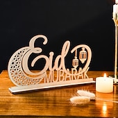 tanie Ramadan i Eid-drewniana, pusta dekoracja z motywem księżyca i literą „mubarak” na ramadan i eid – złoty lustrzany akcent, idealna na ramadan, islamskie dekoracje świąteczne i domowe przyjęcia