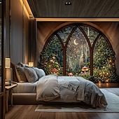 billige landskapsteppe-Fantasislottvindu-teppe med magisk skogsscene, stort eventyrmånemaleri til veggdekorasjon for soverom, sovesal og stue