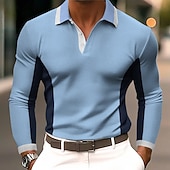 cheap Men's Classic Polo-Men's Color Block Polo Long Sleeve Polo Shirts Lapel Casual Business Daily Wear 3D Print Buttons Spring Fall Blue Black Navy Blue