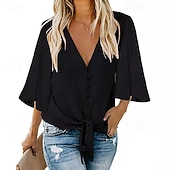 billiga Kostymblusar-Dam Blus Chiffong toppar Lappverk Slät Elegant Stylish 3/4 ärm V-hals Vanliga toppar Dagligen Helgdag Utekväll Svart Vit Rodnande Rosa Marinblå Sommar Vår Höst