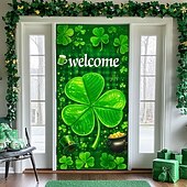cheap Holiday Tapestries-St. Patrick's Day Door Cover, Irish Flag Background with Giant Clover, "Welcome" Greeting, Festive Entrance Decoration for St. Patrick's Day Celebration.