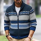 billiga cardigan tröja för män-Herr Tröja Cardigan Tröja Fair Isle tröja Blixtlåströja Ribbad Sticka Vanliga toppar Stickat Geometrisk Sjal Semester Mode Ledigt Dagliga kläder Kläder Vår &amp; Höst Höst vinter Marinblå M L XL