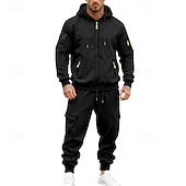 baratos Basic Tracksuits-Men's Hoodie Tracksuit Hoodie &amp; Pants Set Hoodie Daily Outdoor Vacation Daily Wear Drawstring Zip Up Plain Black Navy Blue Khaki Activewear Sports Fashion Fall