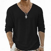 Недорогие Хлопковые Льняные Футболки-Муж. Футболка Футболка из льна Длинный рукав V-образный вырез Лето Весна Весна лето Сплошной цвет Полотняное плетение Повседневные На каждый день Уличный стиль Гладкая ткань